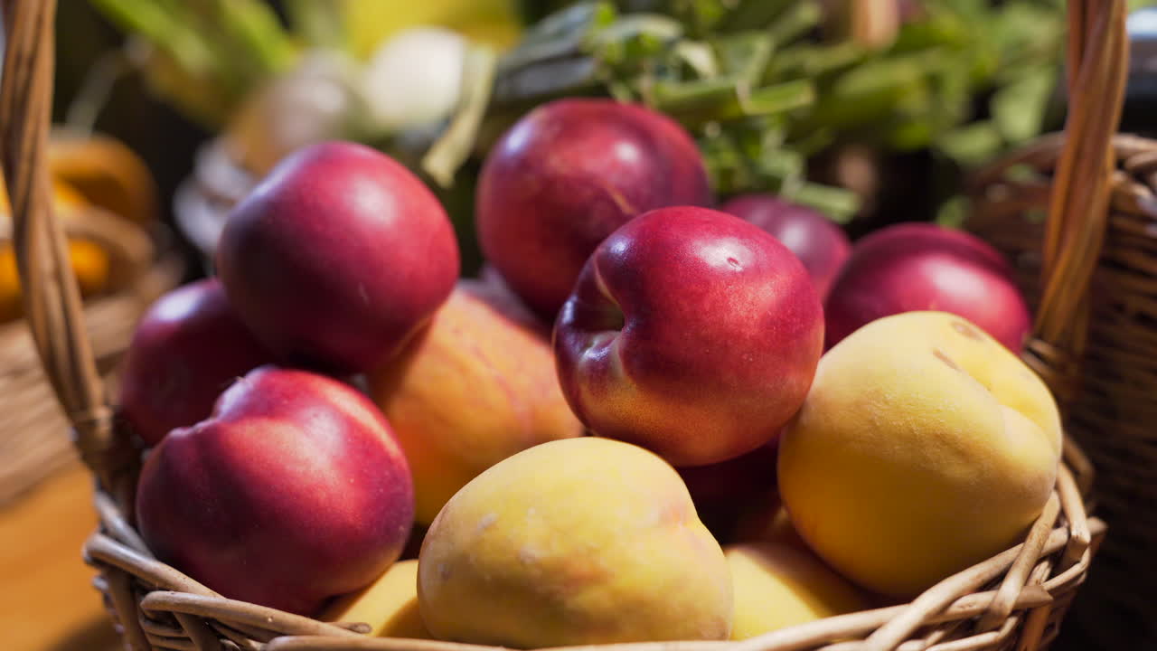 Wicker basket with nectarines and yellow peaches on a table