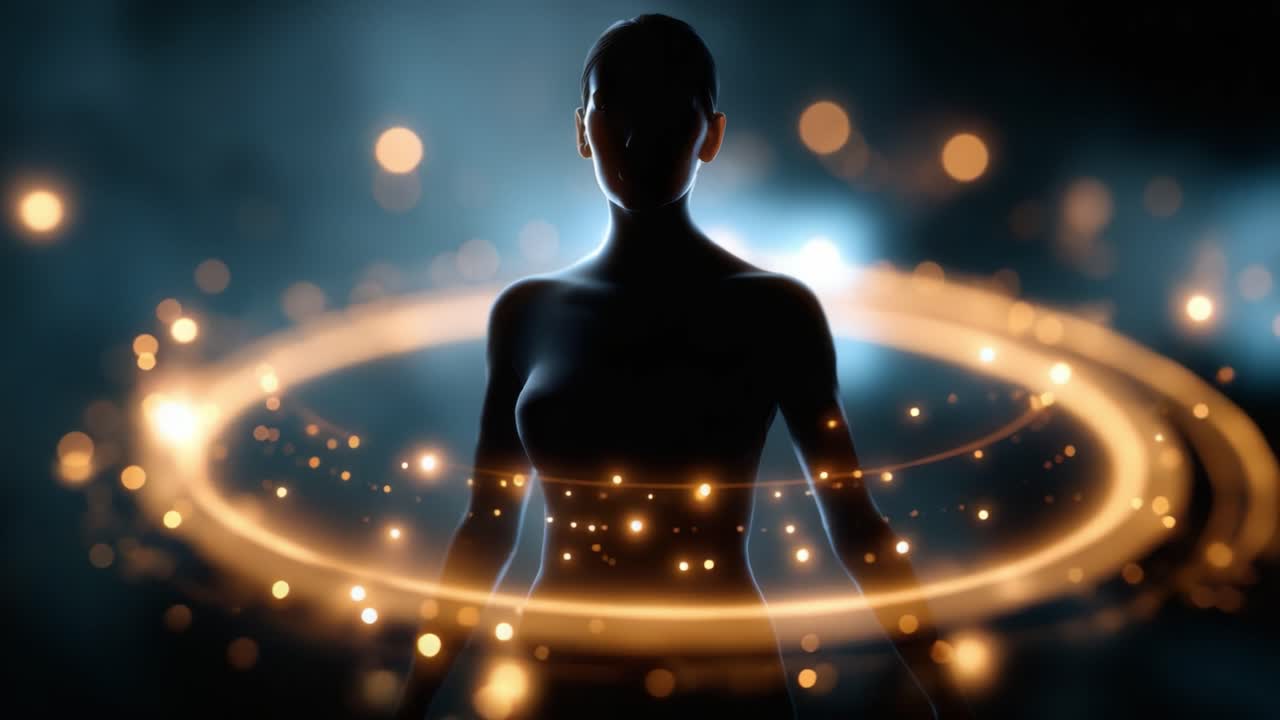 A mystical figure illuminated against a cosmic background with glowing orbs and swirling patterns, representing energy, harmony, and the essence of existence