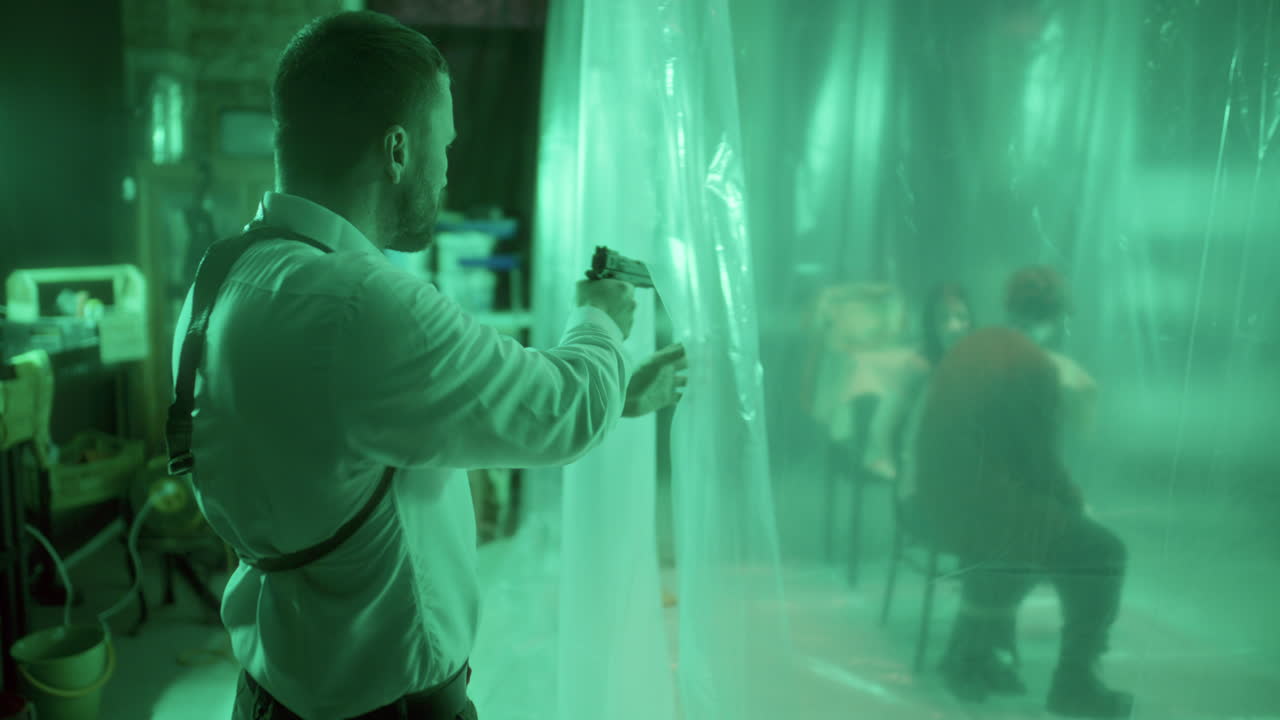 무장한 형사가 인질을 구하고 범죄 현장에서 연쇄 살인자를 체포하고 있습니다.