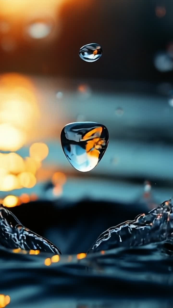 Water droplets dance at sunset on lake. Droplets of water splash and create ripples as the sun sets over a serene lake, adding a tranquil touch to the scene.