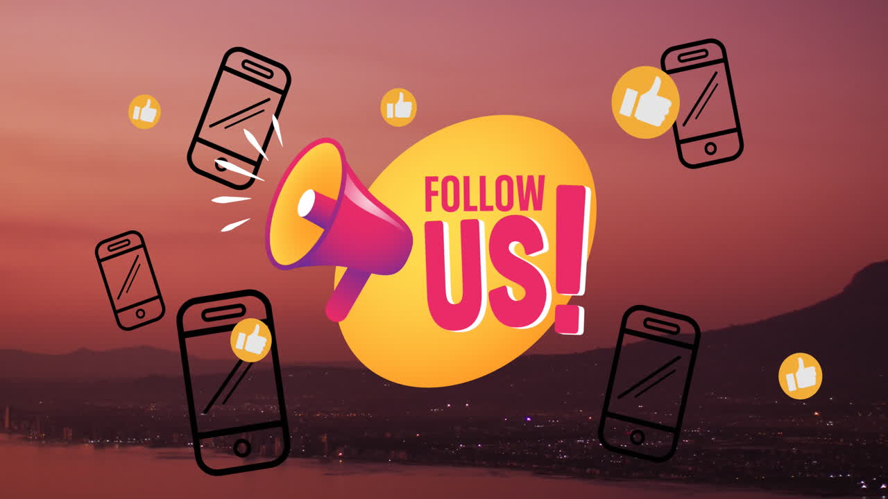 animación de iconos de las redes sociales sobre el atardecer y el paisaje marino