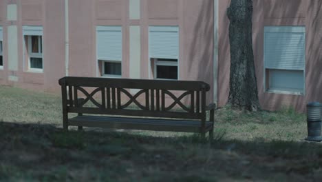 bench under the shade in tranquil garden at french elderly home