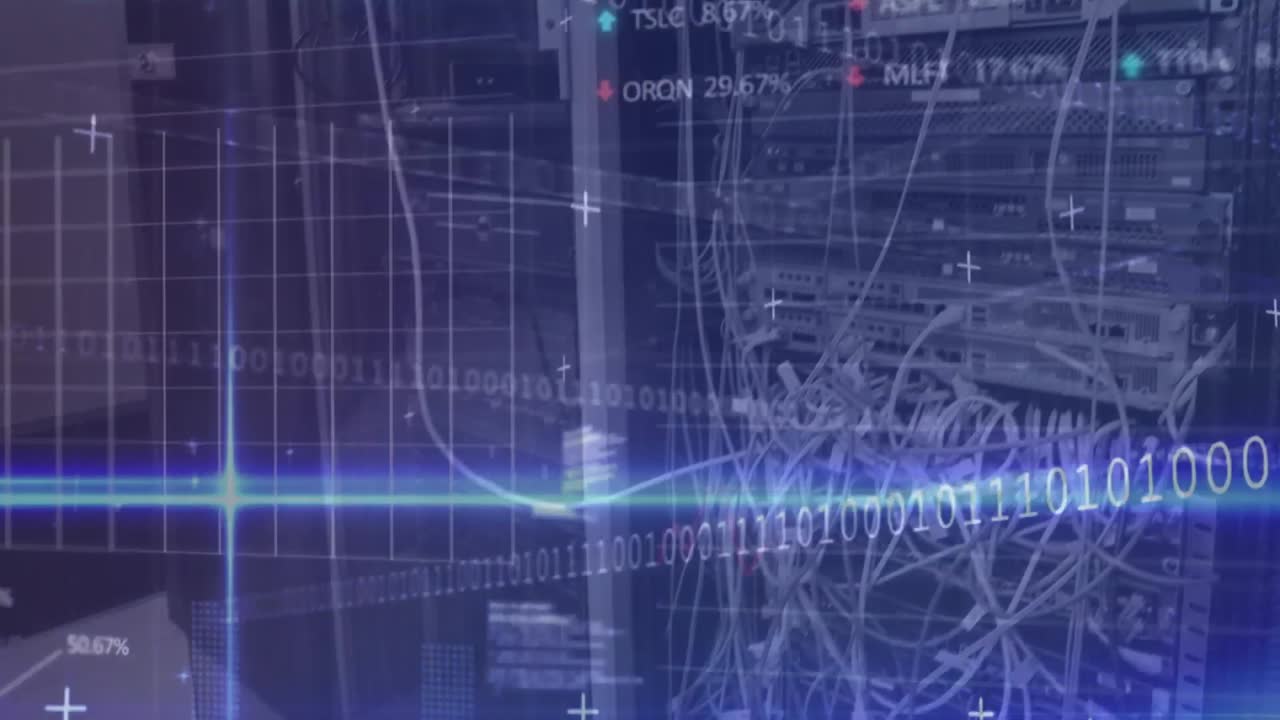 Animation of binary coding, financial data processing over computer server