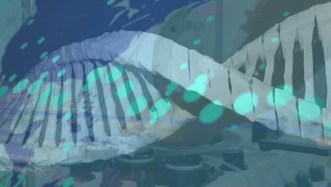 실험실에서 코카시안 과학자에 대한 dna 가닥의 애니메이션과 데이터 처리