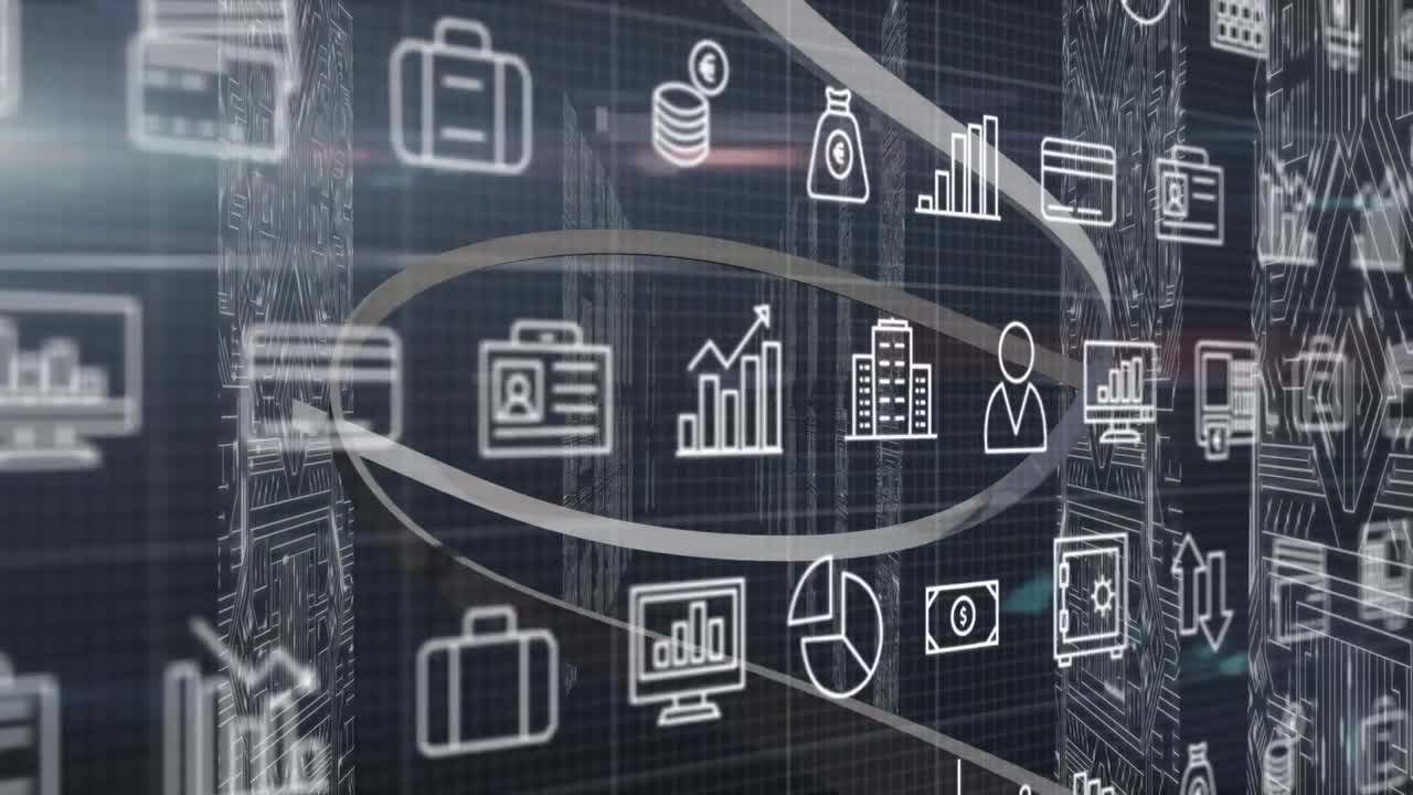 animación de iconos de negocios sobre la sala del servidor