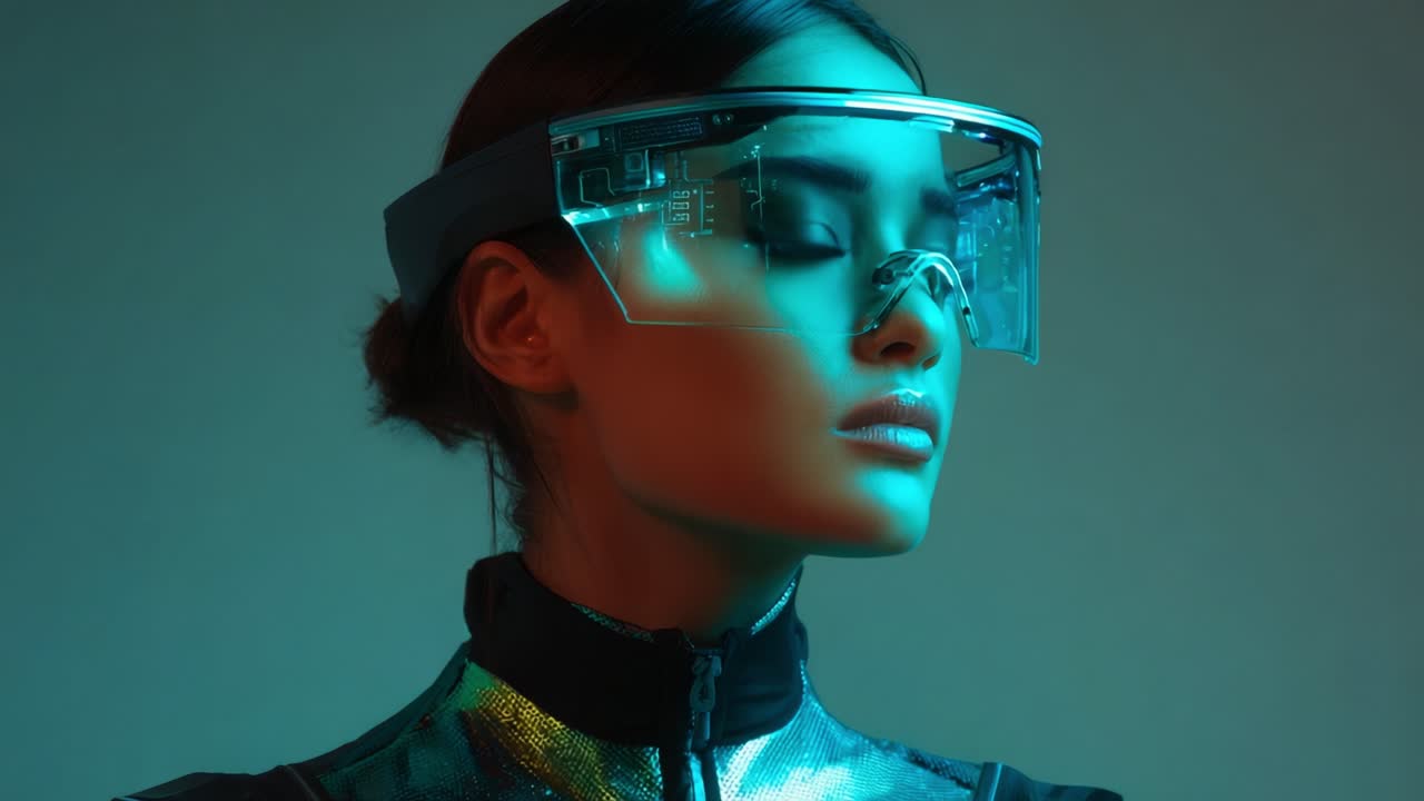 A Futuristic Female Model Wearing High-Tech Glasses in a Stunning Visual Display of Light and Color, Showcasing Advanced Fashion Trends and Innovative Technology with an Enigmatic Expression