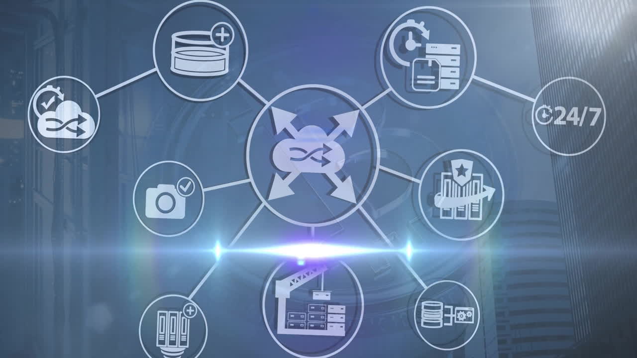 animación de la red de conexiones con iconos a través de servidores informáticos