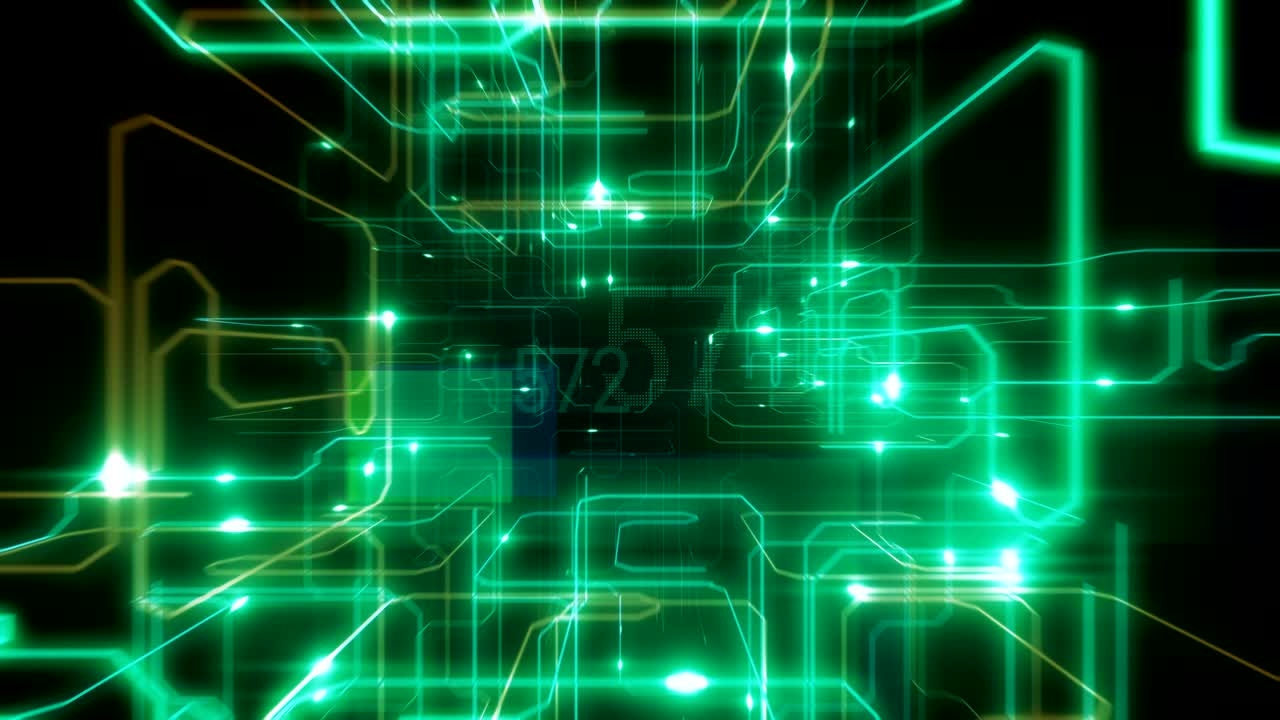 Flying Inside Virtual Processor with Running Electrons and Digital Codes. Bright Flares and Glowing Numbers. Looped 3d Animation Frames 200-400. Digital Technology Concept.