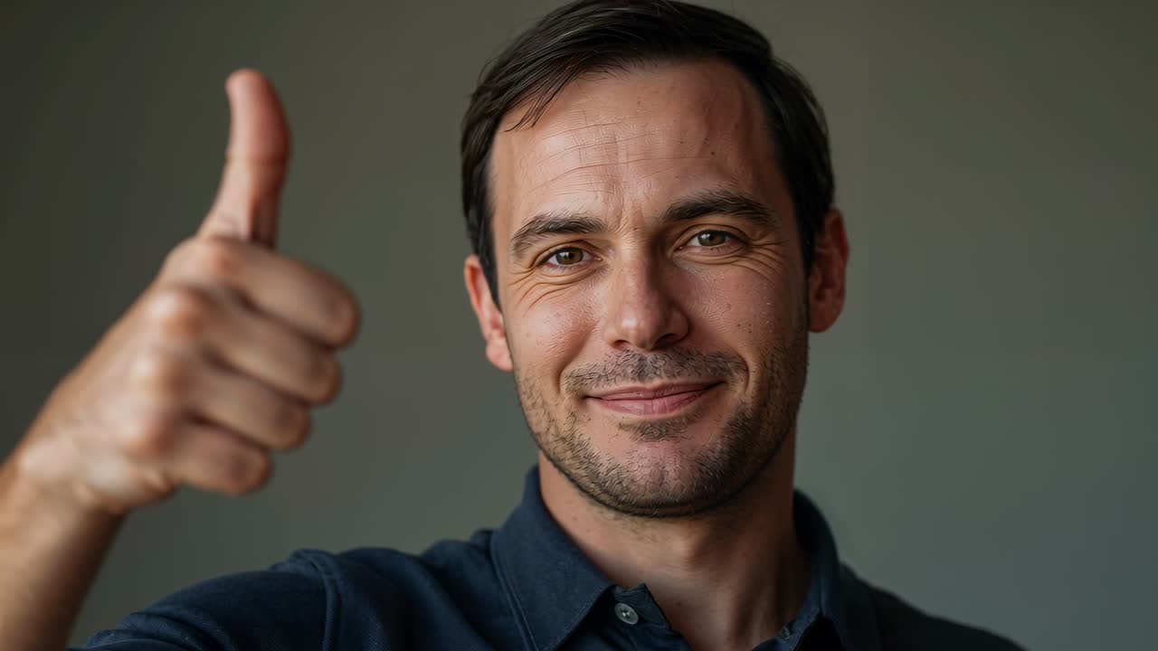 Homem sorridente de camisa azul-marinho com o polegar para cima em um fundo cinza, câmera gravando, mostrando aprovação.