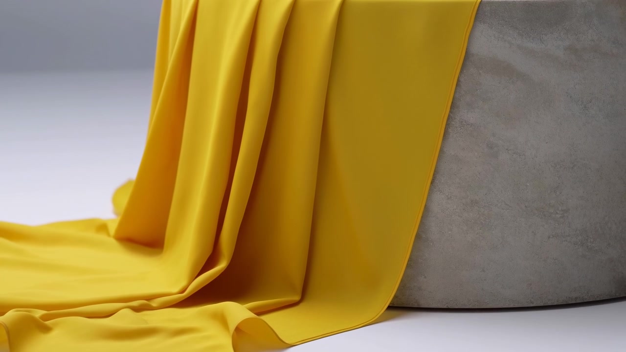 Yellow Silk Drape Cascading Over Concrete, Soft Folds And Satin Sheen, Minimalist Studio Lighting, Modern