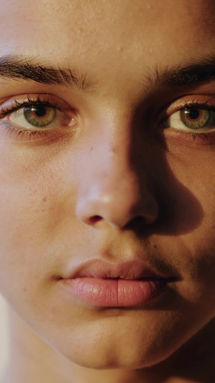 Vertical video: Blinking adolescent face refocusing gaze in studio after close-up hold, warm light