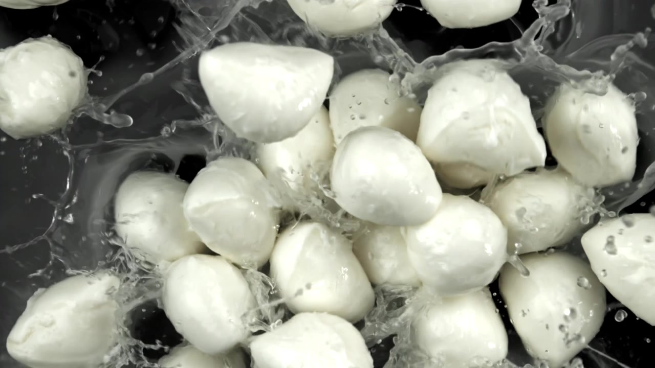 Friske mozzarellakuler som faller ned i vann i sakte film
