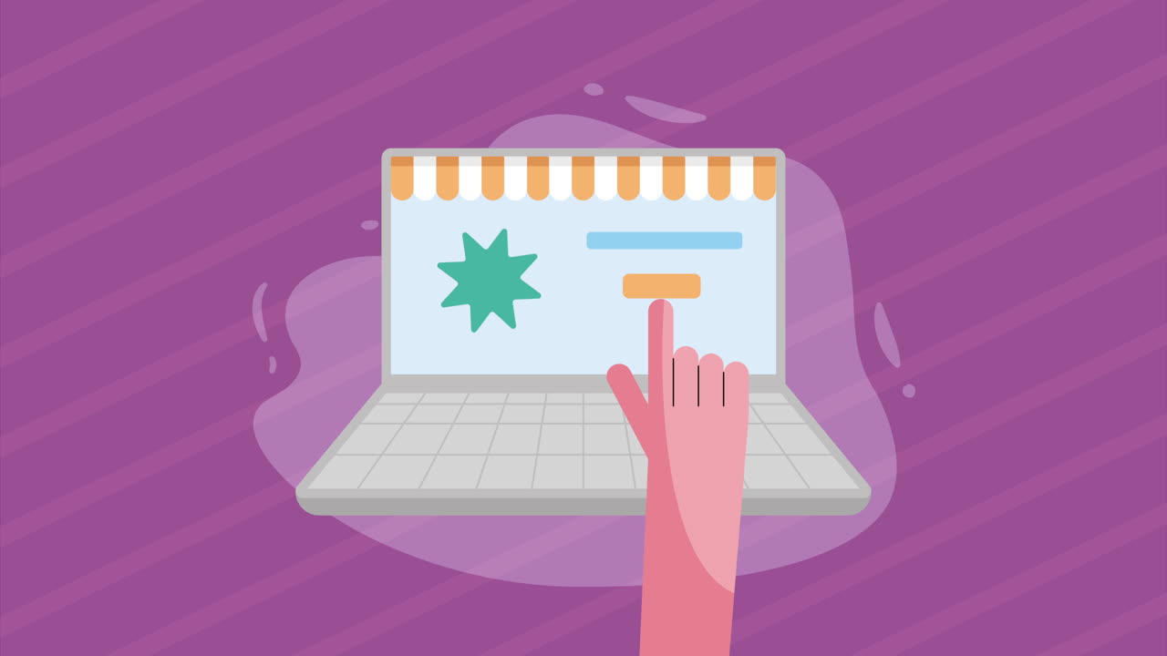 전자 상거래 애니메이션을 가진 노트북 컴퓨터