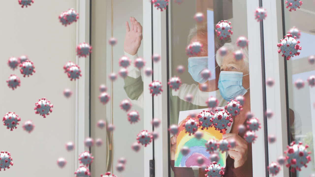 코로나 19 세포의 애니메이션과 페이스 마스크를 착용한 고령 커플의 통계