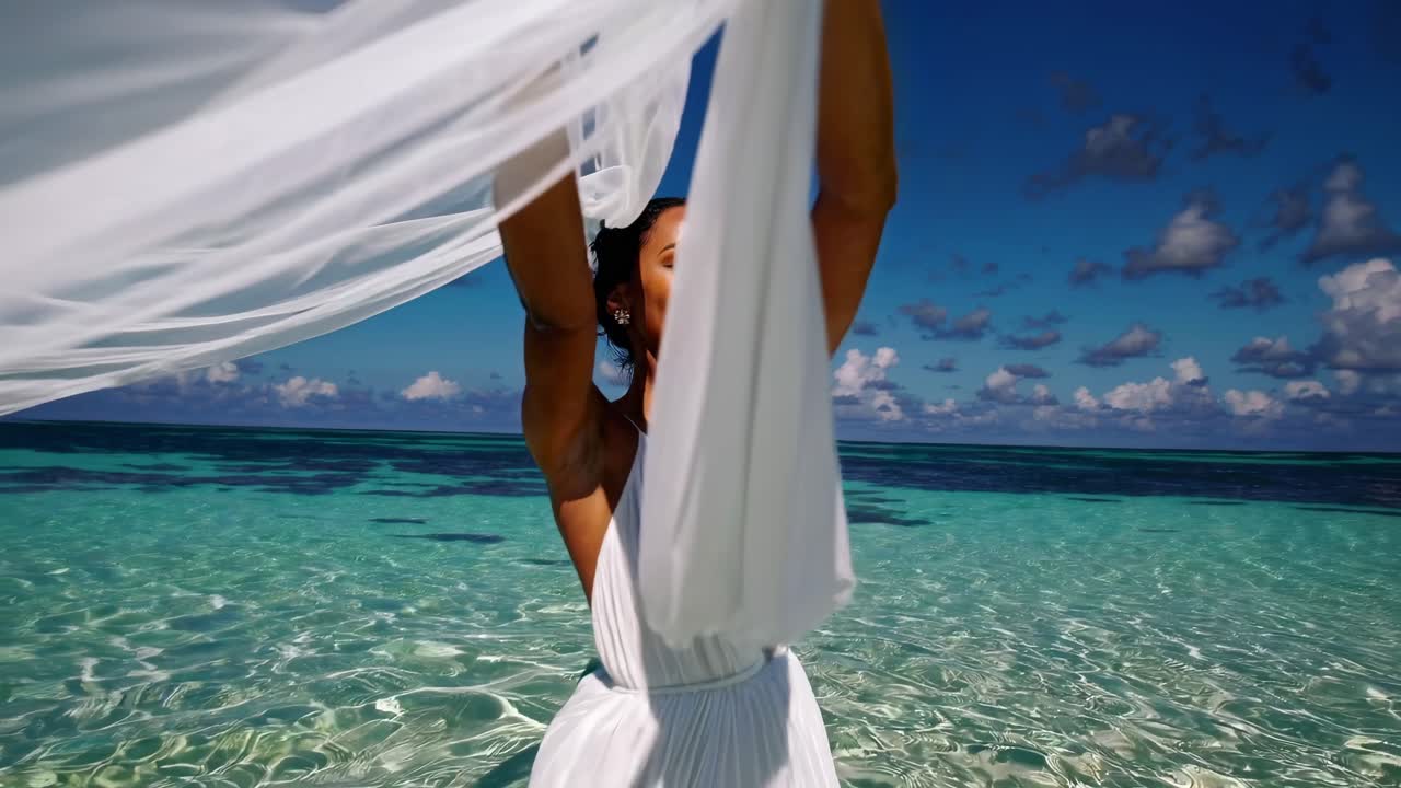 en una playa mujer en un vestido blanco con un velo en el viento