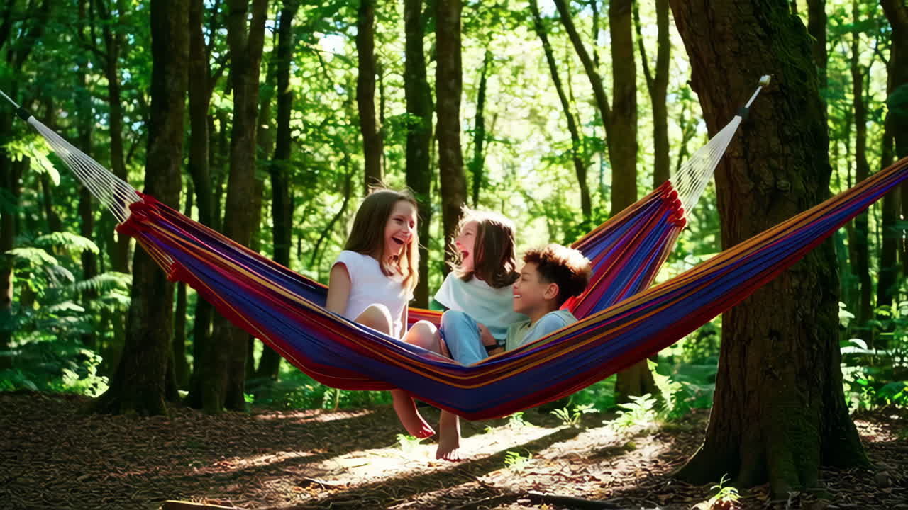 Children laughing and playing together in a hammock in a sun-dappled forest