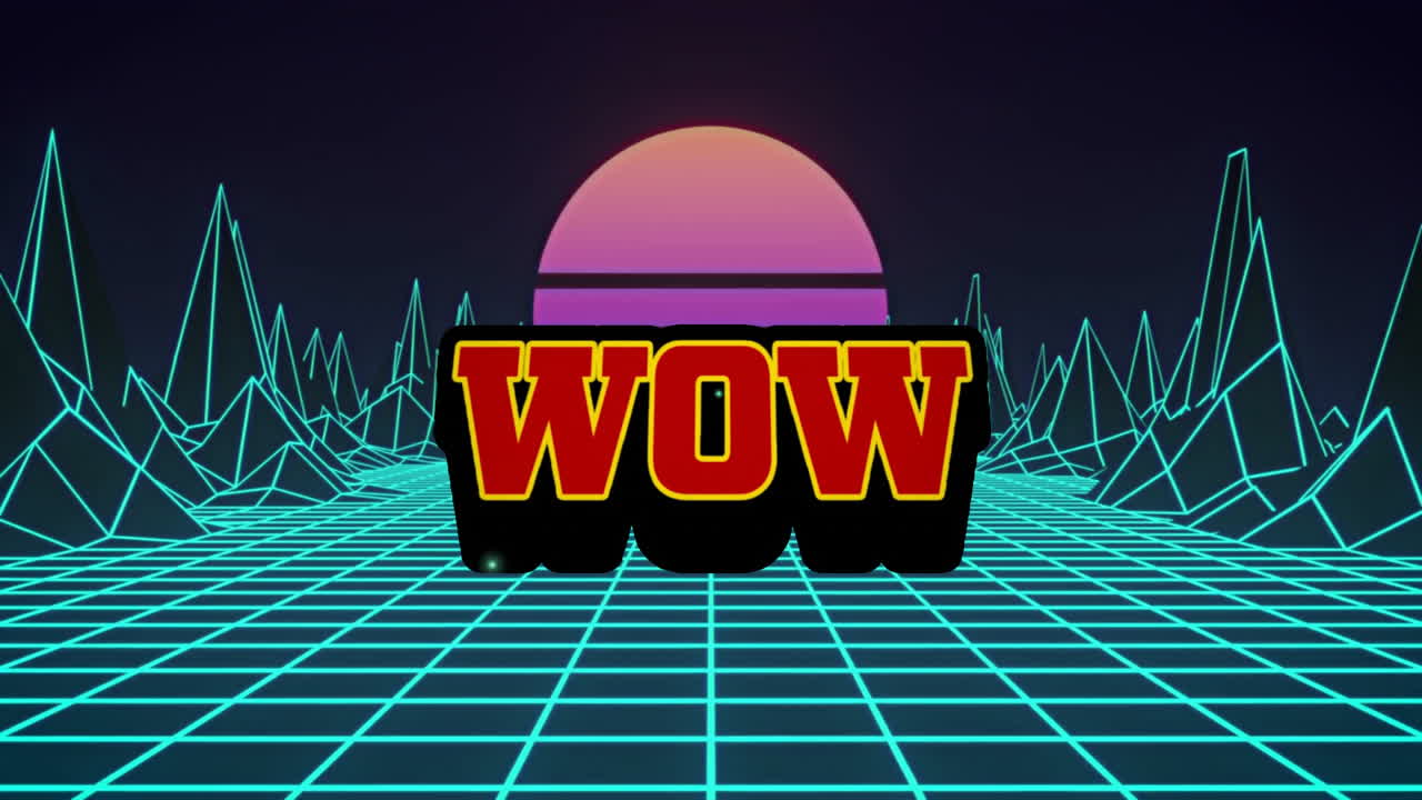 WOW text animation over retro-futuristic grid landscape with neon mountains