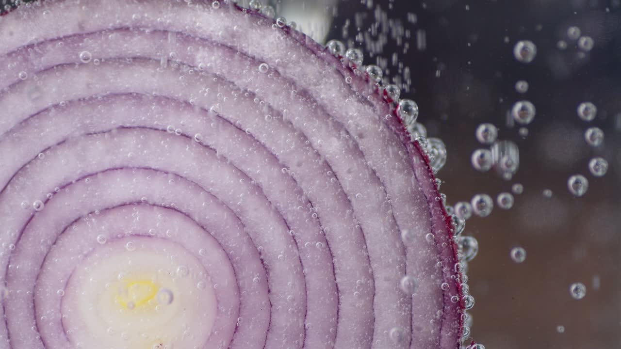 A round piece of onion under water with air bubbles.