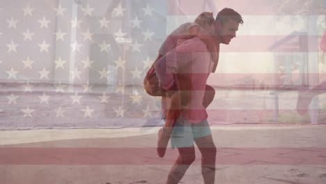 animation of flag of united states of america over caucasian man carrying his girlfriend piggyback