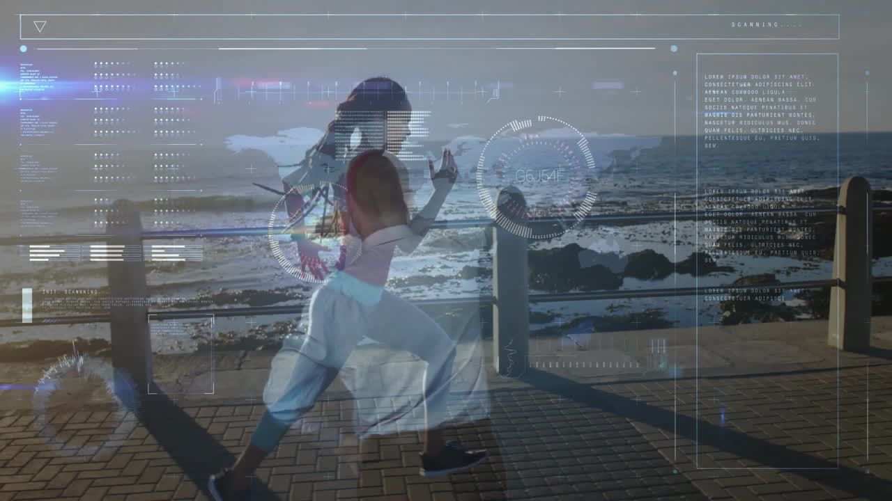 Jogging along seaside, woman with digital data overlay animation on screen