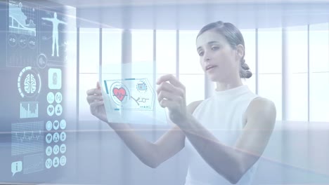 animation of connections and medical icons over caucasian male physiotherapist and patient