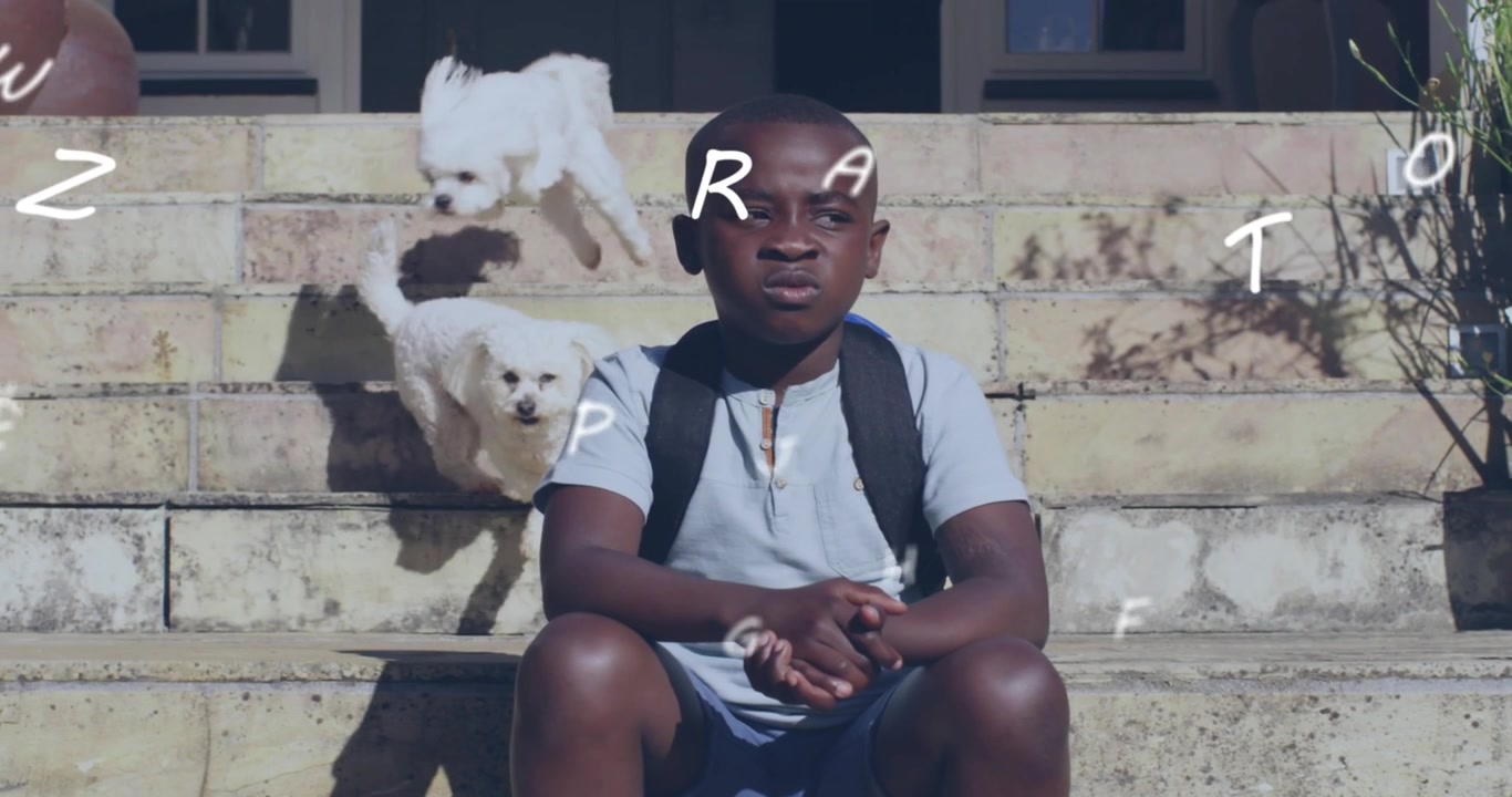 Ragazzo seduto sui gradini che guarda cani scendere dall'alto mentre lettere bianche gli fluttuano intorno, istruzione