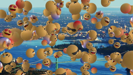 animación de globo múltiple que cae emojis en el fondo azul.