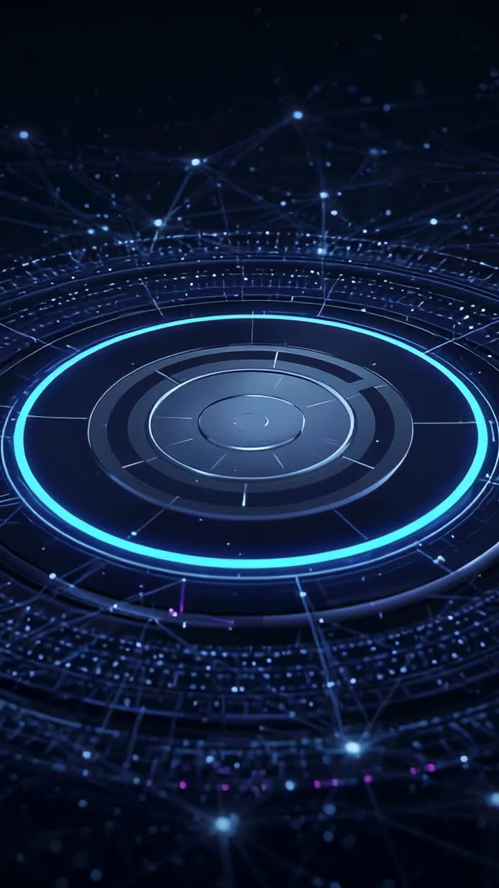 Video verticale: attivazione interfaccia con anello al neon rotante e pulsante, linee della griglia pulsanti nella rete, visualizzazione dei dati