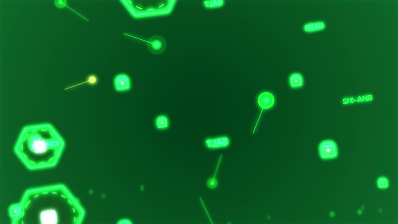 Neon HUD rotating, white scan line entering, nodes pulsing, yellow node moving on transparent plane
