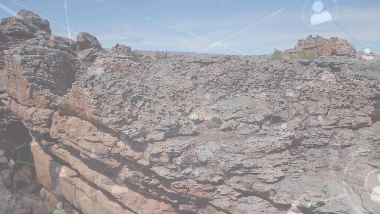 풍경 위의 아이콘으로 연결된 네트워크의 애니메이션