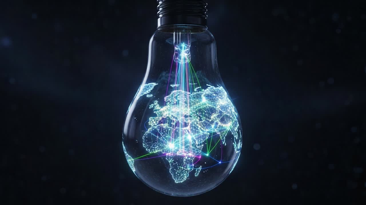 Illuminated Ideas: A Glowing Light Bulb Encasing a Digital World Map Signifying Connectivity and Innovation in Technology