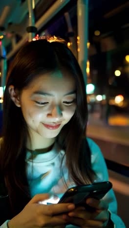 young woman using smartphone on a bus at night