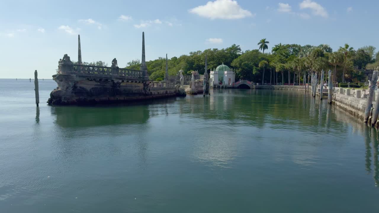 Biscayne Bay Waterfront and Historic Stone Barge at Vizcaya Museum in Miami