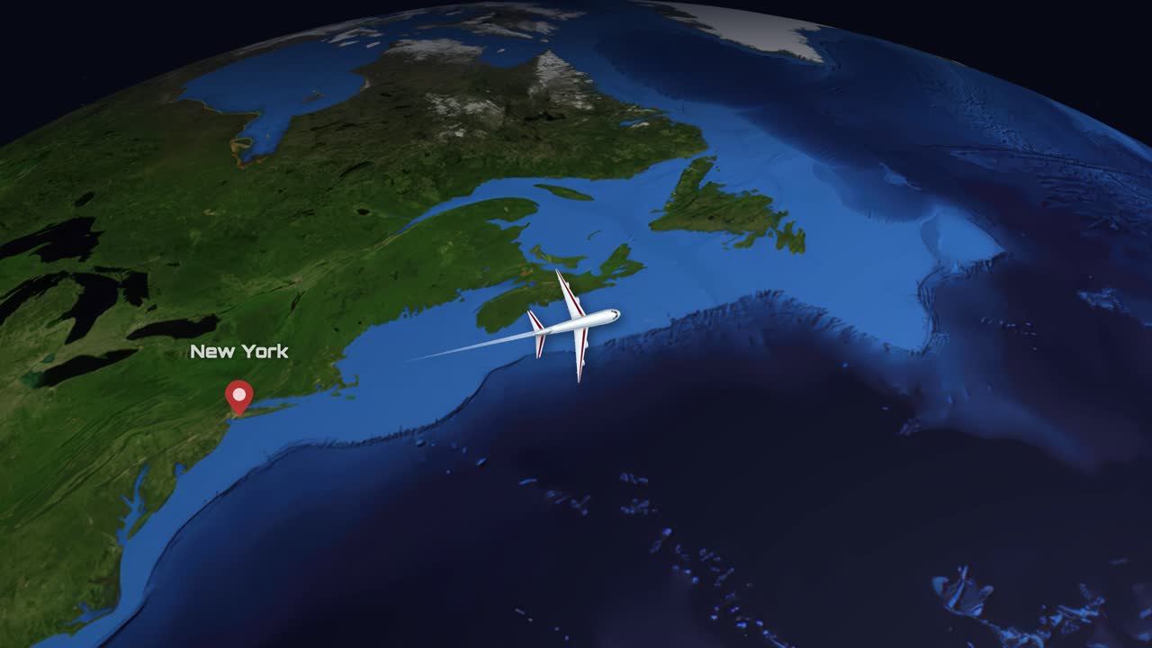 A commercial airplane flies across the Atlantic Ocean from New York to Madrid on Earth