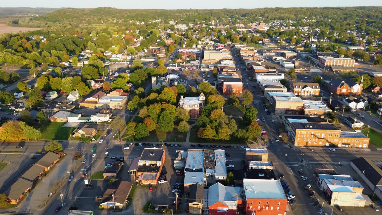 Coshocton Ohio aerial drone footage of small Ohio downtown and surrounding neighborhood