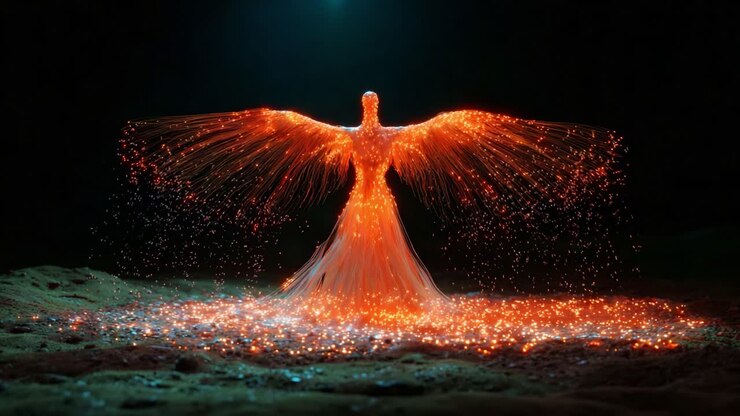 Una scena affascinante che cattura una creatura luminosa e incantevole simile a una fenice, che spiega elegantemente le ali emettendo scintille vivaci e luce, mostrando la bellezza dell'arte mitica in un ambiente buio