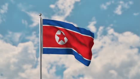 north korea flag waving in the blue sky realistic 4k video