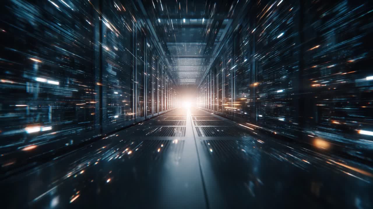 Dynamic View of a Futuristic Data Corridor with Striking Light at the End, Capturing the Essence of Advanced Technology and High-Speed Connectivity in Digital Infrastructure