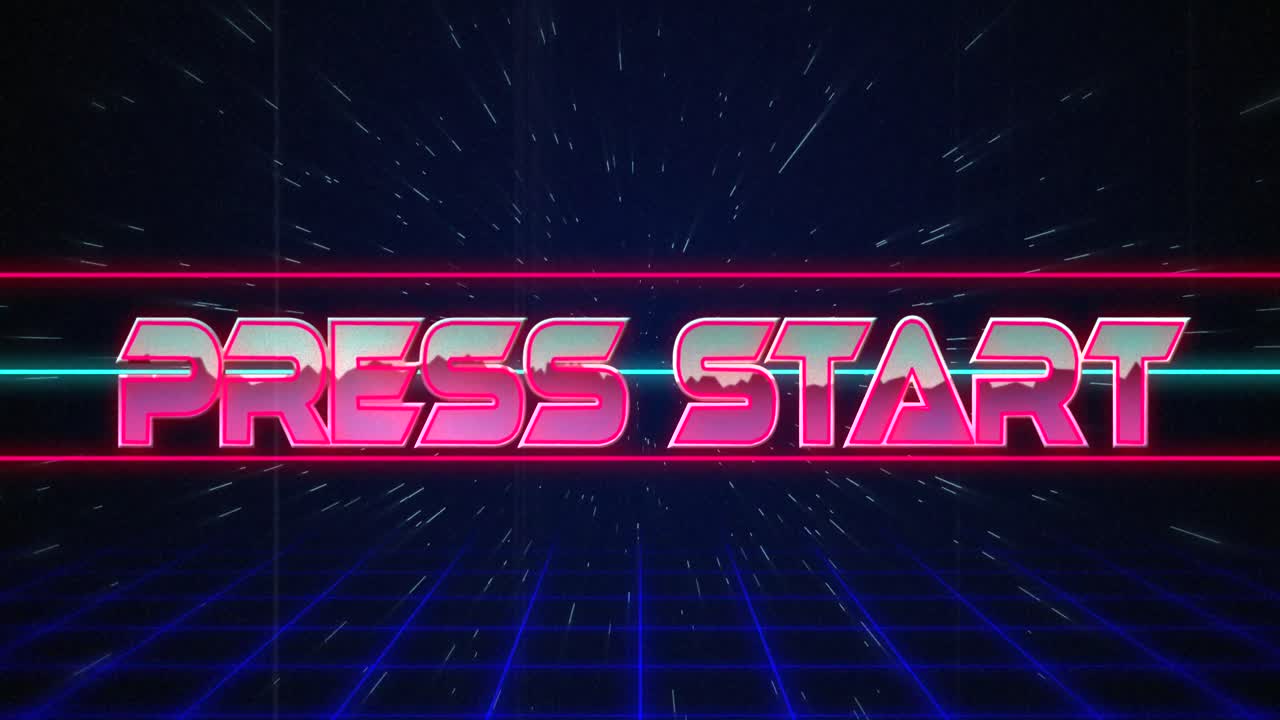 Retro Press Start text glitching over blue and red lines on white hyperspace effect