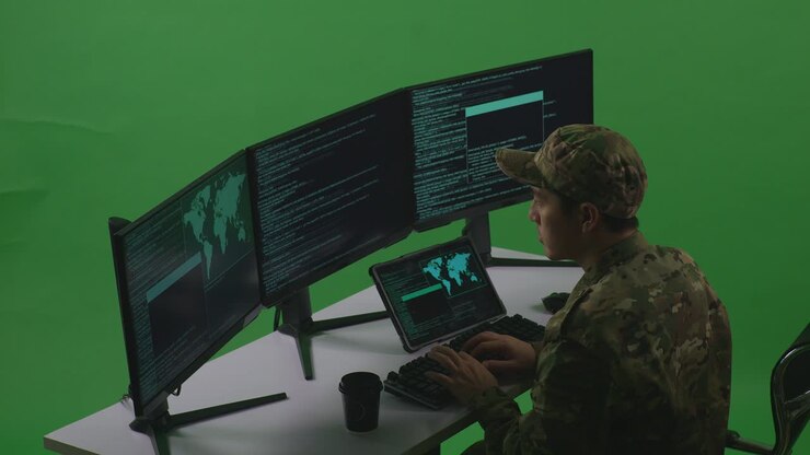 Side View Of Asian Man Soldier Developer Working With Tablet While Write Code With Multiple Computer Screens In Green Screen Studio