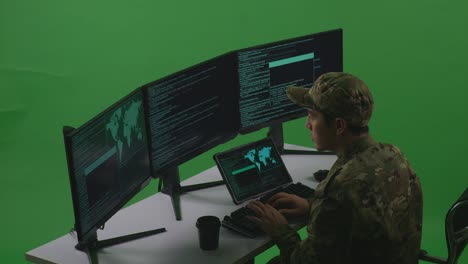 vista laterale di un uomo asiatico soldato sviluppatore che lavora con un tablet mentre scrive codice con più schermi di computer in green screen studio