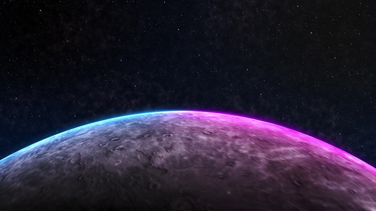 Abstraktní planetární povrch se zářivým modro-růžovým světelným gradientem pod hvězdným polem, nebo futuristické zobrazení.