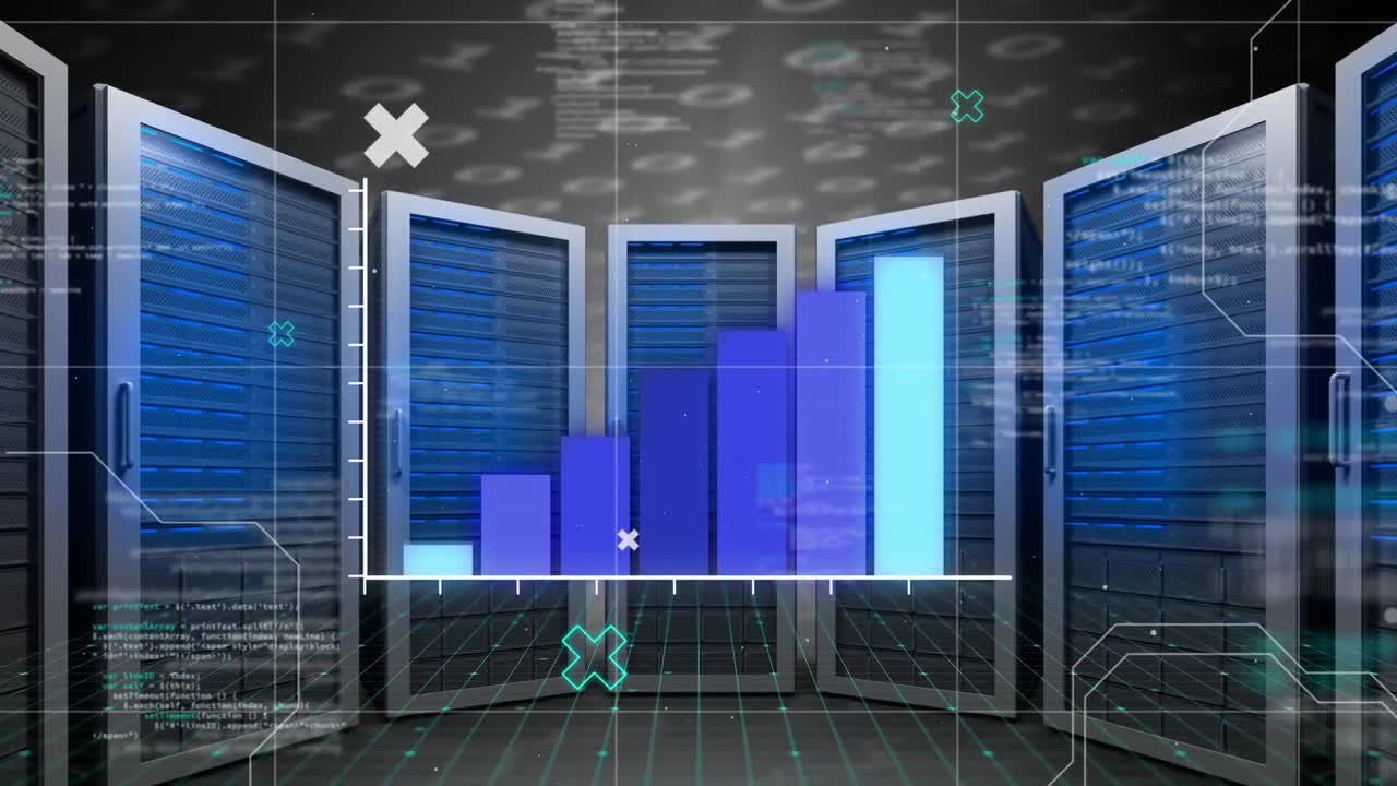 Animation of data processing and diagram over server room