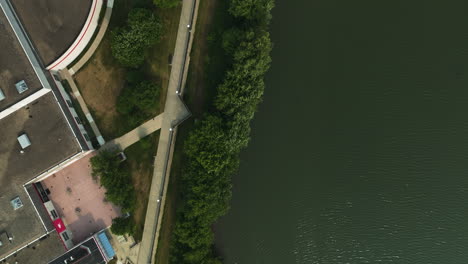flying above central white river trail in downtown indianapolis, indiana