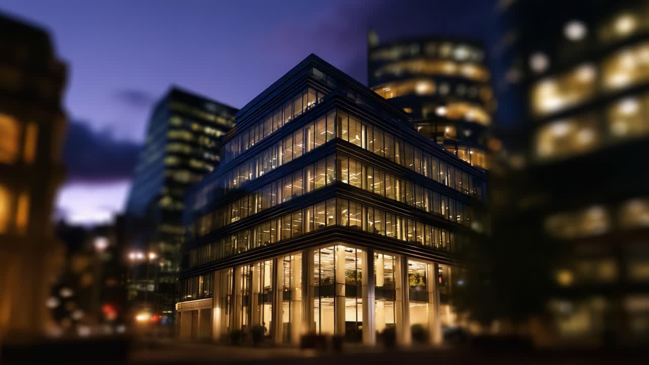 Un moderno edificio per uffici in vetro illuminato di notte, circondato da un paesaggio urbano che mette in risalto il design architettonico su un cielo che si fa sempre più scuro