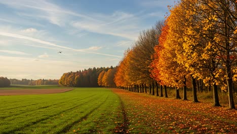 a serene autumn landscape showcasing vibrant orange and yellow foliage along a tranquil pathway with a clear blue sky above