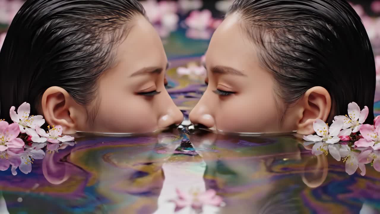 Two Women Floating in Water with Flowers