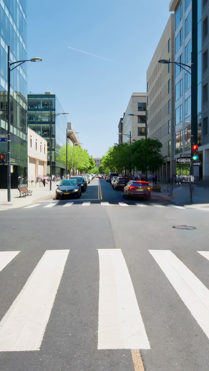 Commuters stepping off curb crossing zebra crosswalk to other curb, traffic overlay showing vehicle