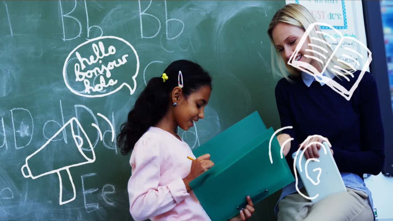 video compuesto de iconos del concepto escolar contra una maestra caucásica que enseña a una niña en clase