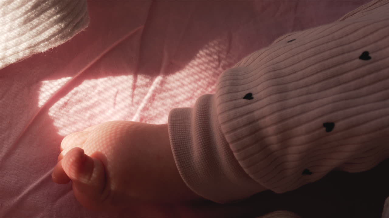 Close up of a baby's bare foot resting on a soft pink blanket, lit by warm window light casting delicate patterned shadows